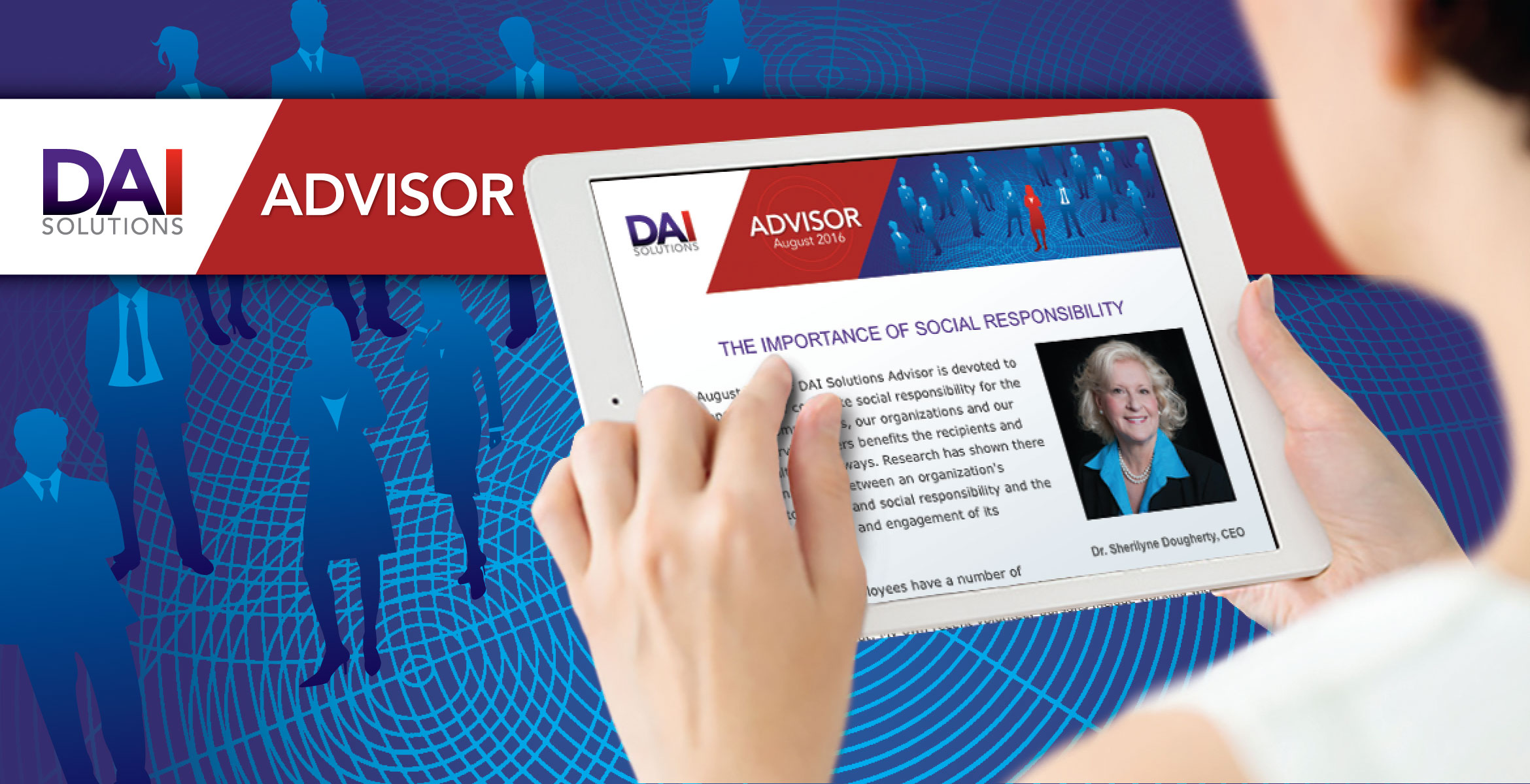 DAI Advisor header plus picture of the newsletter on a tablet computer