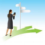 Illustration of a woman at a signpost with 3 arrows pointing different directions
