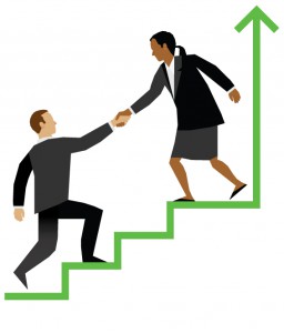 Illustration of a business woman helping a business man up a staircase. The staircase is also an upward line on a graph.